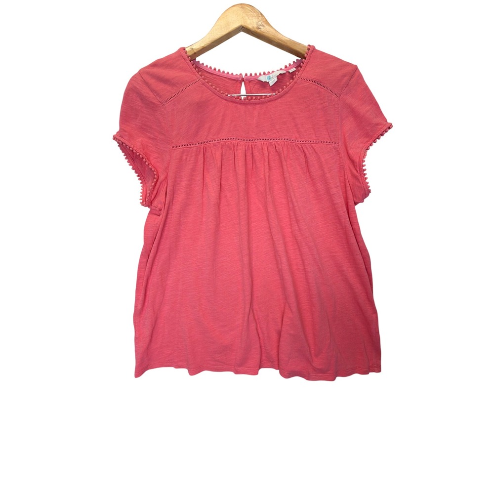 Boden Pink Boho Cottogecore Peasant Top US 12 Pom Pom Trim Ladder Stitch Coral
